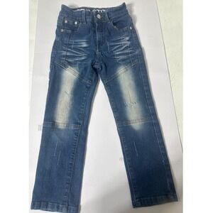 Retro Stitch Boys Moto Straight Leg Jeans Blue Medium Wash Distressed Size 7